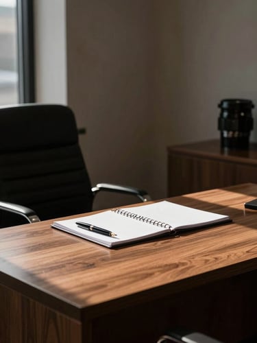 A quiet, high-contrast interior of a modern legal office in Wilmington, natural side-lighting casting deep shadows over a heavy oak desk with a fountain pen and stationery.