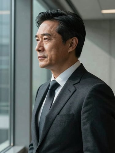 A high-contrast, unposed medium close-up of a mature professional man in a dark tailored suit, looking thoughtfully out of a window in a modern concrete-and-glass office, side-lit with soft deep shadows.