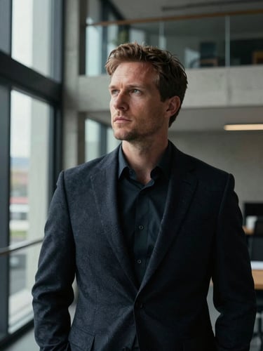 A professional, unposed portrait of John Christian Barlow in a natural, high-contrast office setting. He is looking thoughtful, positioned slightly off-center, with modern concrete and glass architecture in the background. Directional side-lighting with soft, deep shadows.