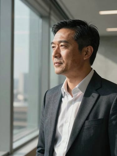 An unposed, medium close-up of a corporate advisor in a modern concrete and glass office, looking thoughtfully out a window with natural directional side-lighting and soft deep shadows.