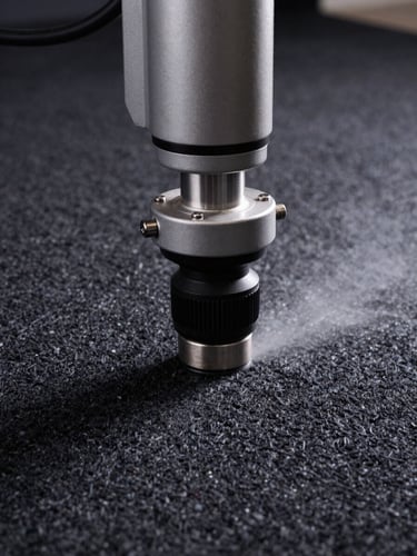 Overhead close-up of a professional hot-extraction machine head moving across a dark commercial carpet, sharp studio lighting from above, water vapor faintly visible, no humans present, tight mechanical detail, high contrast