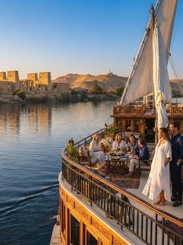 Portrait of a luxurious dahabiya gliding on the Nile at golden hour, elegant travelers on deck, soft warm light, ancient temples in the distant background, cinematic, 35mm lens
