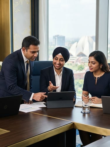 A medium-wide portrait shot of three corporate professionals collaborating in a modern New Delhi high-rise boardroom, bright natural window light, deep navy and gold accents, shallow depth of field, 35mm.