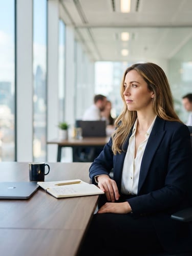 A sharp, modern corporate office interior with bright natural window light, a focused professional sitting at a clean desk looking thoughtfully towards the side, shallow depth of field, 35mm