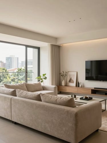 Bright architectural photography of a modern high-end residential living room in São Paulo, soft natural daylight, warm neutral tones, clean lines, 35mm