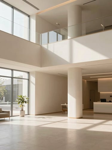 Bright modern architectural interior, soft natural daylight, warm neutral tones, clean lines, professional interior design, 35mm