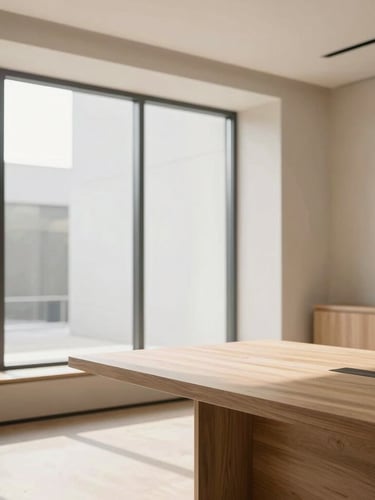 Elegant interior of a modern real estate office, soft natural light through large windows, minimalist wooden table, warm sand tones, architectural lines