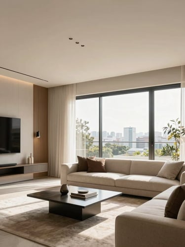 Bright architectural photography of a high-end modern living room in São Paulo, soft natural daylight streaming through large windows, warm neutral tones, clean lines, 35mm