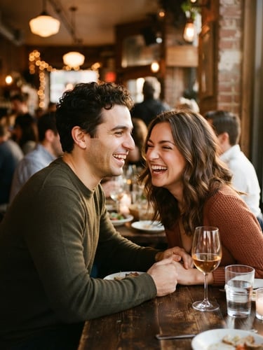 Close-up environmental portrait of a couple laughing together in a warm, low-key lit Brooklyn restaurant, golden hour light catching their faces, 35mm editorial style