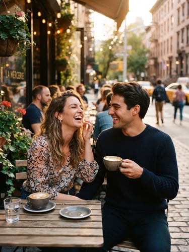 A candid environmental portrait of a couple laughing together at a warm golden hour cafe in New York, rich saturated tones, 35mm photography with a shallow depth of field