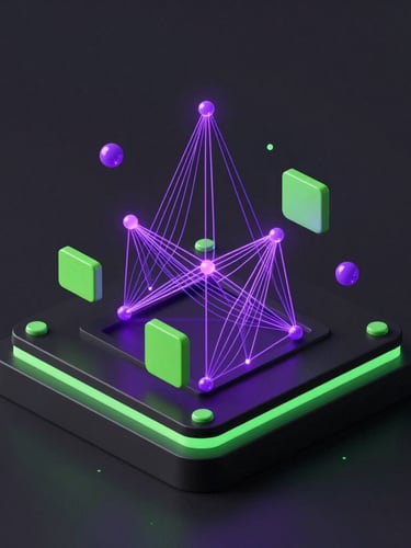 sleek 3d render, dark mode, neon purple and green accents, high-tech abstract geometry, isometric, octane render showing glowing network nodes and data streams