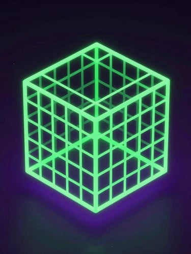 Sleek 3D render of a glowing green wireframe cube floating in a dark obsidian space, neon purple backlighting, isometric angle, octane render