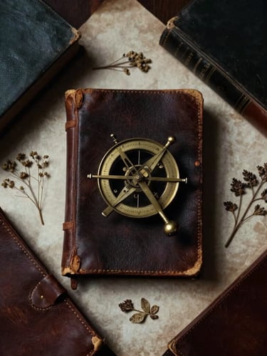 Overhead flat-lay of antique leather-bound books, a brass astrolabe, and dried botanical specimens on heavy parchment, dramatic chiaroscuro lighting, deep charcoal tones, 35mm film