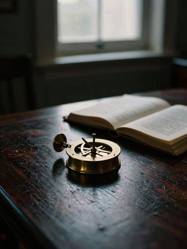 Dramatic chiaroscuro photography of a brass astrolabe and open leather-bound manuscript on a dark oak table, single window light, deep shadows, 35mm film.