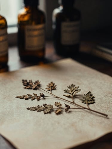 Macro close-up of dried botanical specimens on heavy aged parchment, dark glass apothecary jars in the background, dramatic low-key window lighting, 35mm film