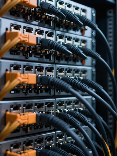 Sharp architectural angle of a server rack with meticulously organized black and orange ethernet cabling under cool ambient lighting, macro lens.