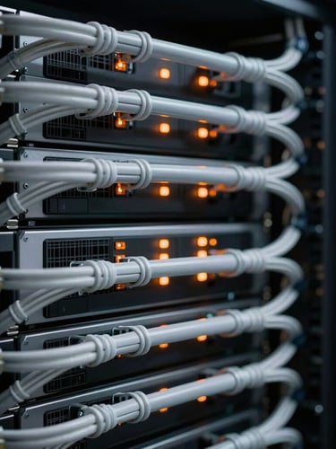 Close-up of a modern server rack in Hammelburg, clean cable management with orange status LEDs, high contrast, technical atmosphere.