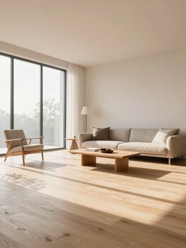 Eye-level architectural rendering of a bright, sunlit modern living room with light oak wood floors, minimalist Scandinavian furniture, and a large window showing soft morning light.