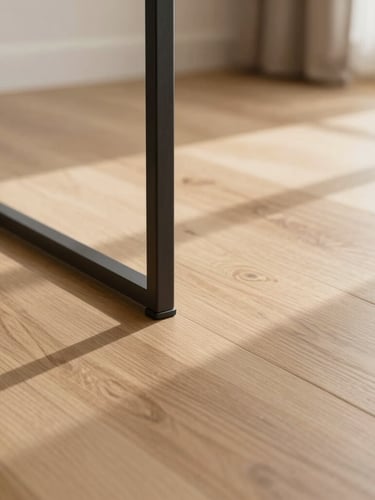 Close-up of high-quality oak wood flooring and matte charcoal metal fixtures in a bright, sunlit apartment interior, warm morning light casting soft shadows, Scandinavian design style.