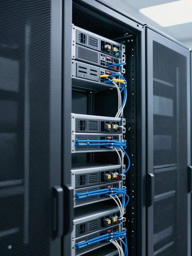 Professional shot of a clean server rack in a modern data center, bathed in bright, crisp white studio lighting, with organized structured cabling visible. Focus on the precision and order.