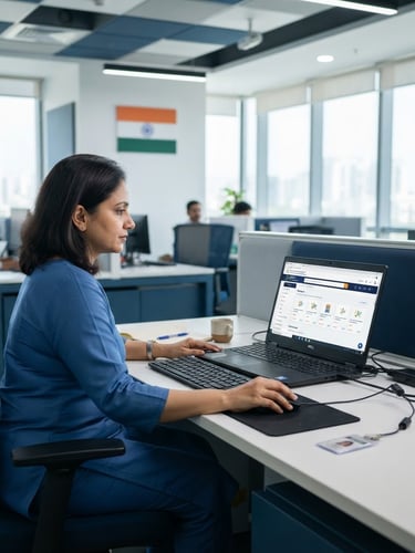 Professional government office interior, clean desks, a laptop displaying the GeM portal interface, with a subtle Indian flag in the background, bright clean daylight, crisp corporate photography