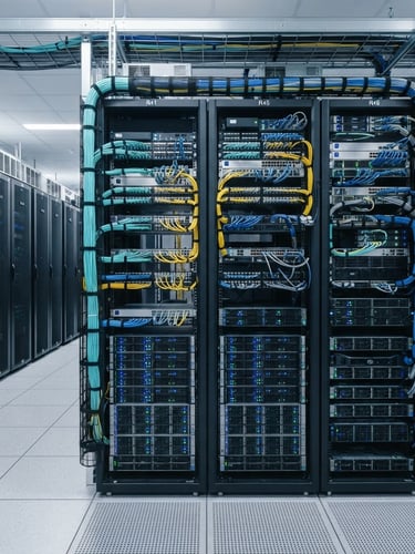 Clean, straight-on photograph of structured server racks with organized cabling in a modern data center, bright clean daylight, deep blues and cool grays, sharp focus, professional technical environment, 35mm.