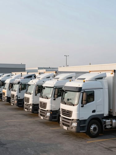 Wide-angle fleet lineup of commercial sleeper trucks and dry van trailers parked in an active logistics yard, crisp morning light, sharp focus