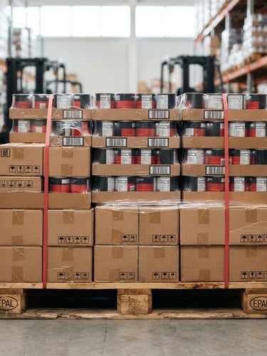 Close-up of industrial wooden pallets stacked with wholesale canned goods and professional food packaging, sharp focus, clean warehouse setting, direct daylight, red accents.