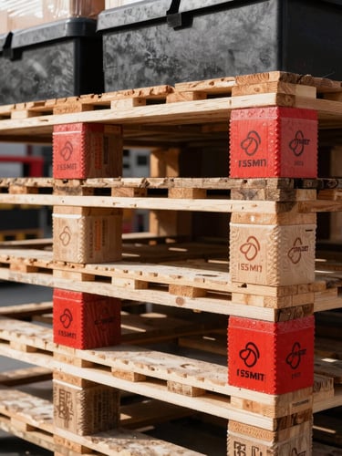 Close-up of clean wooden pallets stacked with professional catering food boxes inside a modern distribution warehouse, sharp focus, high-contrast, 35mm