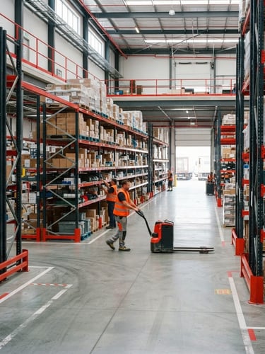 Modern B2B distribution warehouse interior, clean concrete floor, organized industrial shelving, bright daylight, high-contrast red accents, sharp focus, 35mm