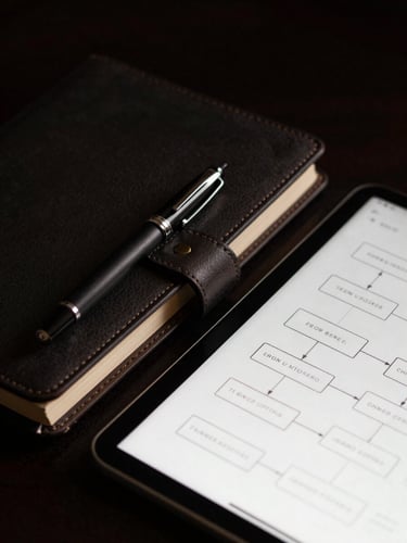 Close-up of a fountain pen resting on a leather-bound notebook beside a tablet displaying structured process flowcharts, dramatic side-lighting, dark charcoal tones.