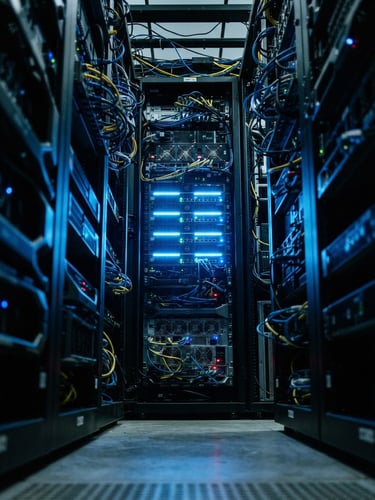 Cool-toned editorial photography of physical server racks with sharp directional blue LED accents, tight dynamic angle, 35mm.