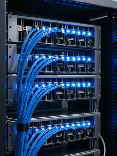 Cool-toned editorial photography of a server rack with glowing electric blue LED cables, high contrast, crisp details, 35mm