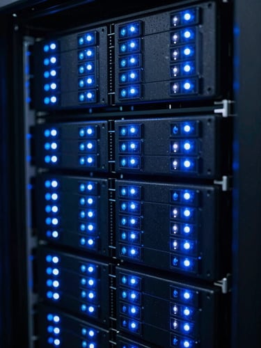 Macro shot of physical server racks with glowing electric blue LED indicator lights, high contrast, cool-toned editorial, 35mm