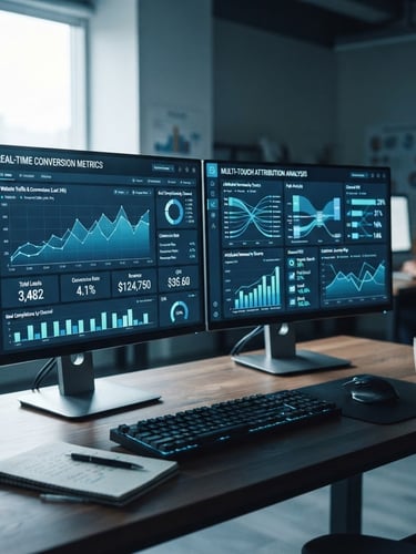 Cool-toned editorial photography of a high-fidelity marketing dashboard on a dual-monitor setup, displaying real-time attribution graphs and conversion metrics, sharp office ambient light, electric blue accents, 35mm