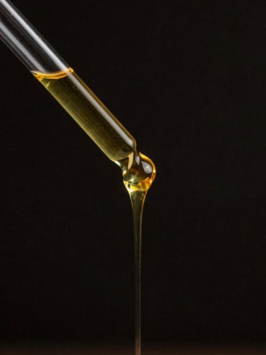 Macro photography of golden translucent cacao mucilage liquid dripping from a glass pipette, dark obsidian background, dramatic single-source chiaroscuro lighting, 35mm film texture