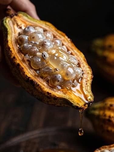 Extreme macro shot of translucent golden cacao mucilage dripping slowly from a freshly cut pod, dark moody background, single source light
