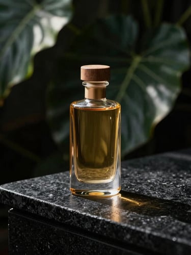 Minimalist glass bottle styled like a luxury spirit containing golden elixir, placed on a dark obsidian stone table, soft natural sunlight filtering through tropical leaves in the background, moody editorial photography.