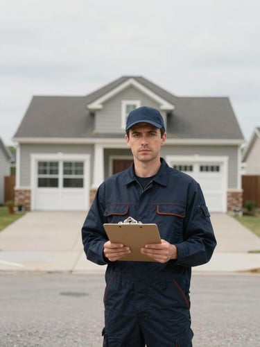Straight-on eye-level medium shot of a contractor in clean workwear holding a clipboard in front of a vacant suburban home, natural overcast daylight, desaturated navy tones.