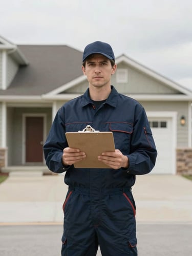 Straight-on eye-level medium shot of a contractor in clean navy workwear holding a clipboard outside a vacant suburban home, overcast daylight