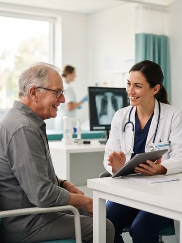 Professional pulmonologist consulting with a patient in a bright, modern hospital, natural daylight, soft high-key clinical lighting, clean white and teal tones, shallow depth of field. Patient is smiling, doctor is reassuring.