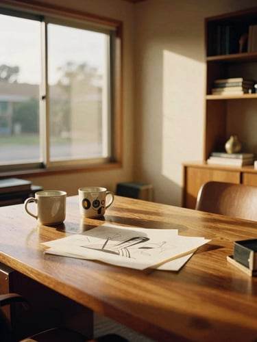 A sun-drenched mid-century modern California studio, a teak desk with ceramic mugs and hand-drawn modernist sketches, warm golden-hour light casting long shadows, 35mm film style.