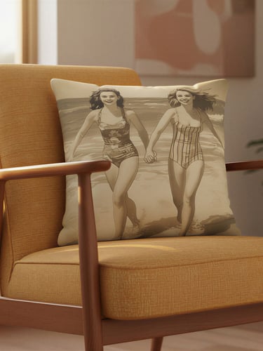 Retro throw pillow with vintage beach design on a yellow armchair.