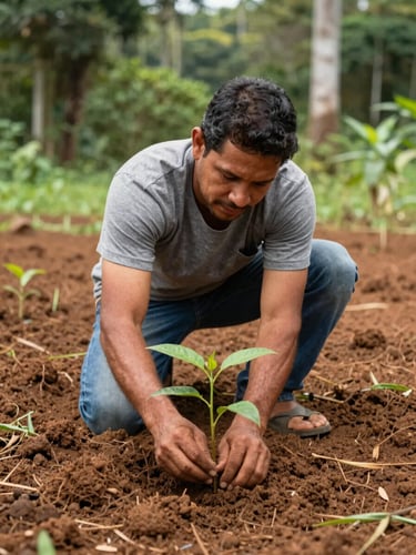 Medium shot of a Brazilian family farmer planting a native seedling in rich dark soil, daylight, natural forest green and clay tones, 35mm lens
