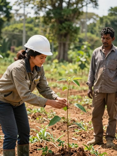 A professional female forest engineer in field gear showing a young native seedling to a local farmer in a sunny agroforestry field, natural daylight, 35mm lens, authentic documentary style.