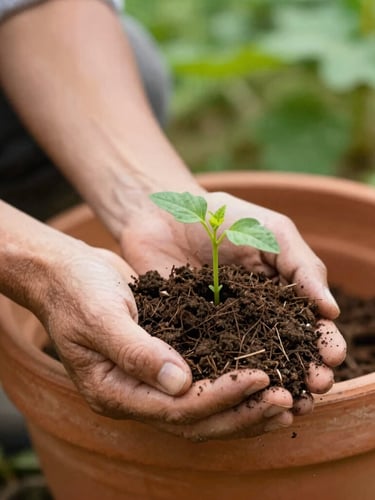 Close-up of a family farmer's hands holding a rich soil mixture with a small native seedling, warm clay pot background, natural daylight, authentic documentary style.