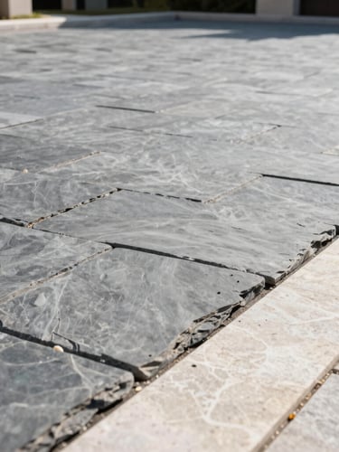 Low-angle architectural shot of a completed slate-gray interlock driveway, sharp linear stone joints, bright morning sunlight casting crisp shadows, clean limestone border.
