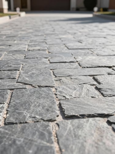 Low-angle architectural shot of a newly completed interlock driveway, sharp slate gray stones, bright morning sunlight casting crisp shadows along polymeric sand joints.