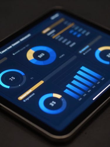 Sleek dark-mode tech photography, macro shot of a tablet displaying a clean business intelligence dashboard with glowing royal blue metrics and gold accents, moody low-key lighting, 35mm