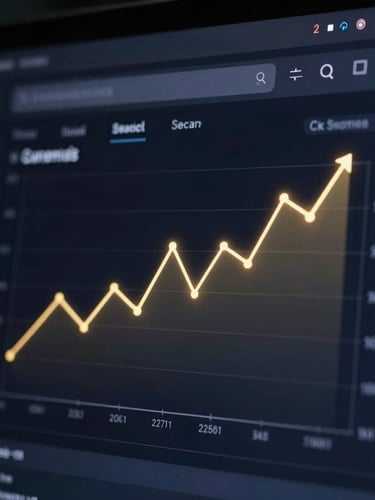 Sleek dark-mode dashboard displaying local search analytics, glowing gold line charts rising sharply against a deep obsidian background